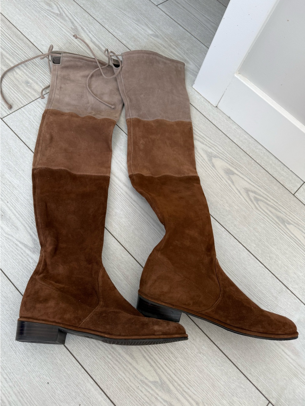 Stuart Weitzman 7 Lowland over the knee flat boots trio brown tan suede leather